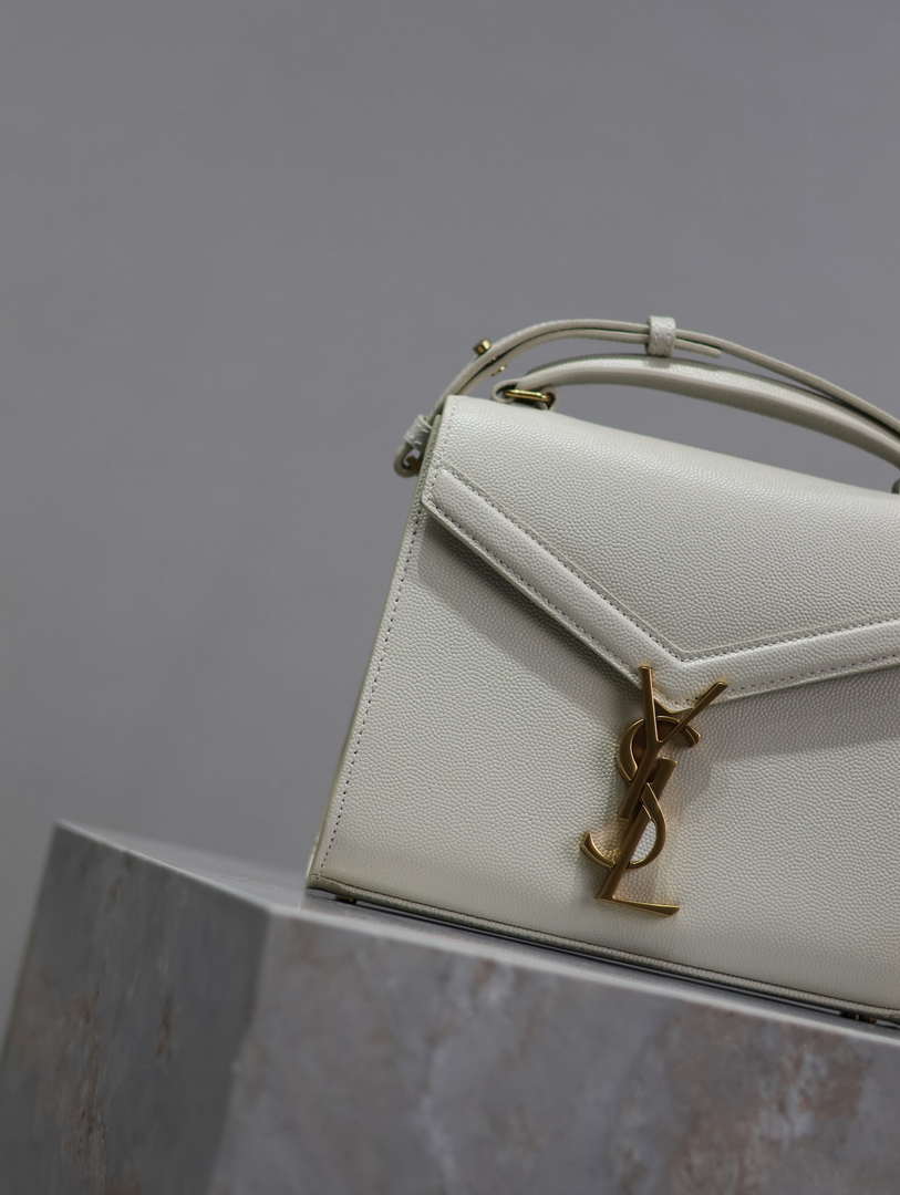 YSL 623930 Cassandra Mini Top Handle Bag In Grain De Poudre Embossed Leather White