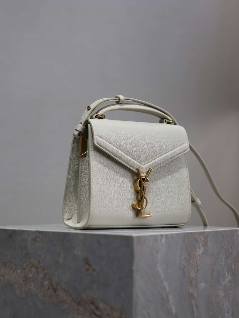 YSL 623930 Cassandra Mini Top Handle Bag In Grain De Poudre Embossed Leather White
