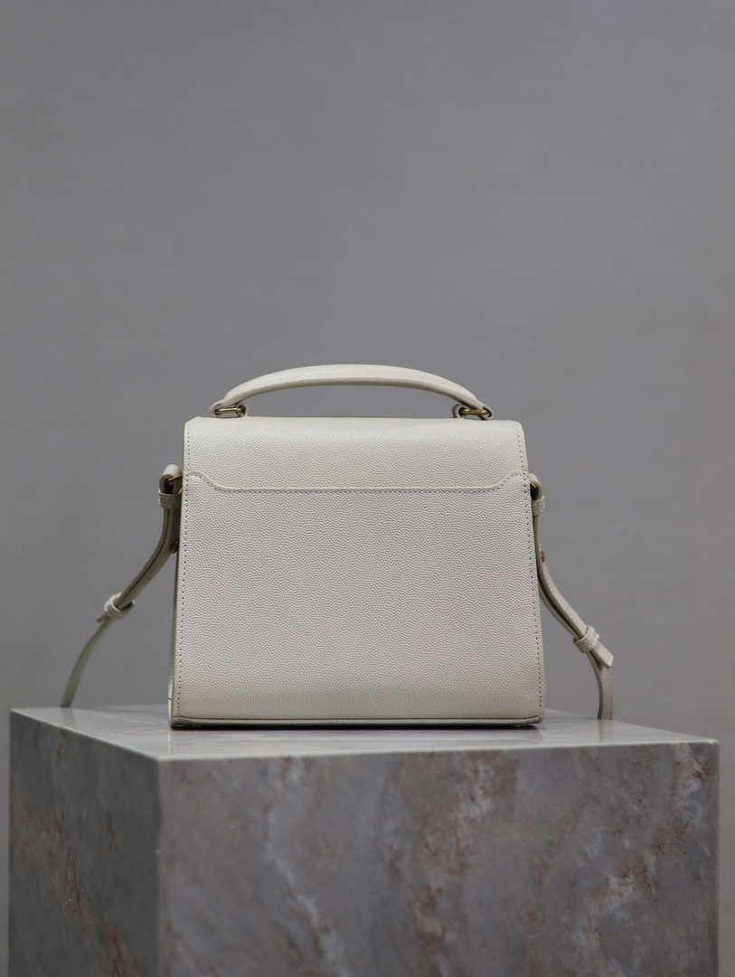 YSL 623930 Cassandra Mini Top Handle Bag In Grain De Poudre Embossed Leather White