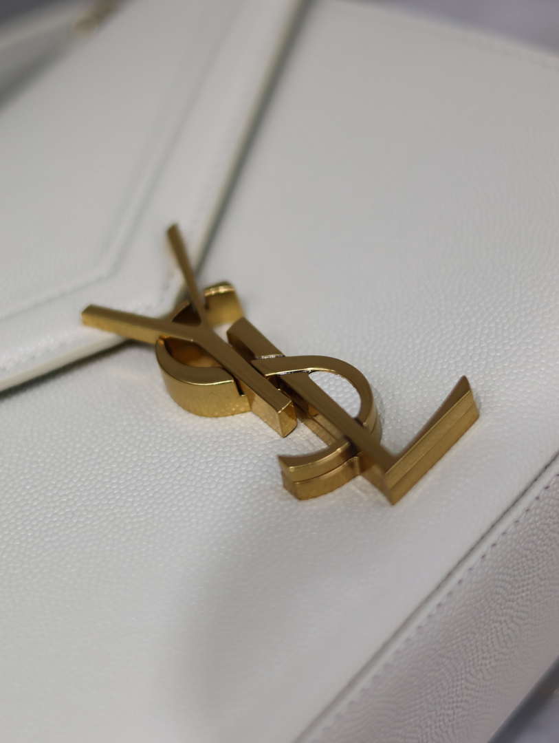 YSL 623930 Cassandra Mini Top Handle Bag In Grain De Poudre Embossed Leather White