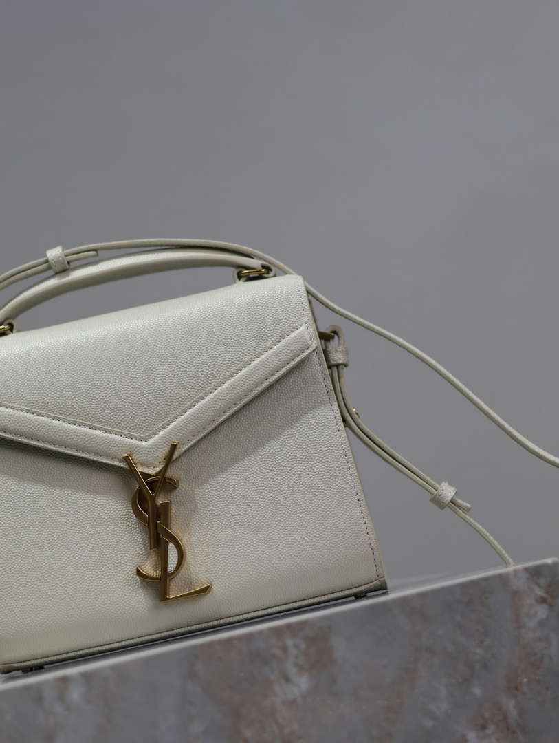 YSL 623930 Cassandra Mini Top Handle Bag In Grain De Poudre Embossed Leather White