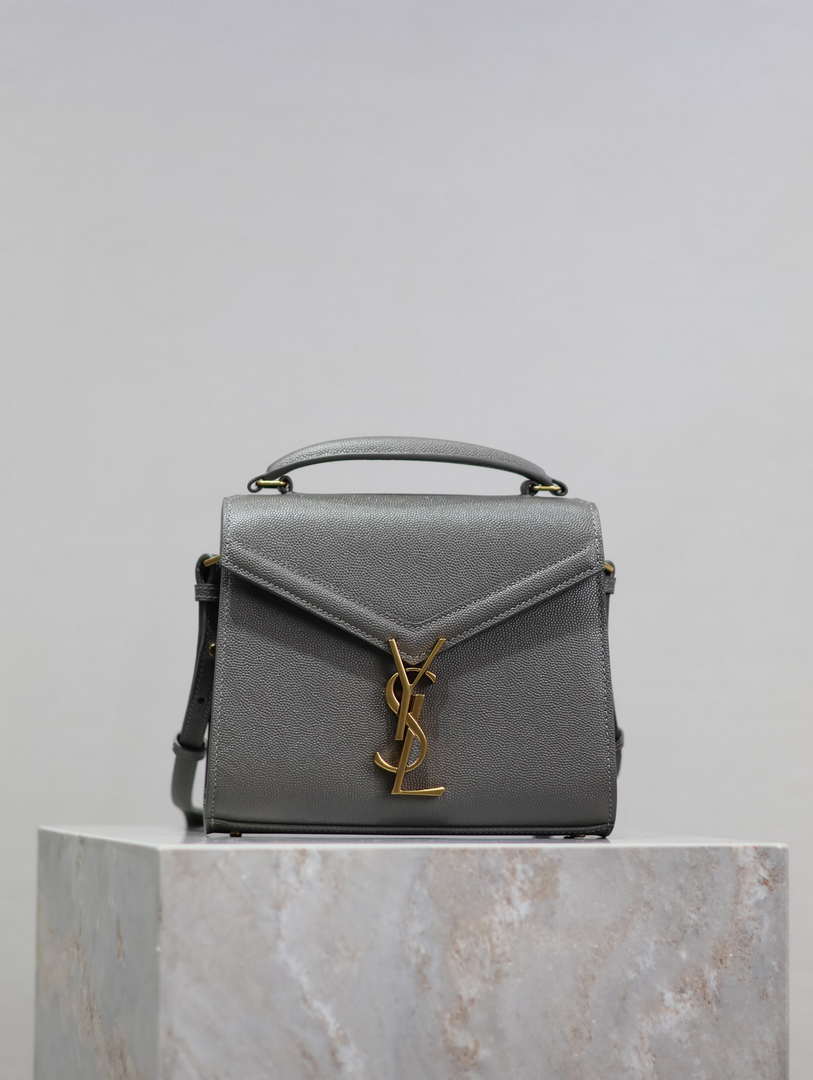 YSL 623930 Cassandra Mini Top Handle Bag In Grain De Poudre Embossed Leather Gray