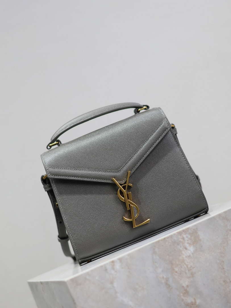 YSL 623930 Cassandra Mini Top Handle Bag In Grain De Poudre Embossed Leather Gray