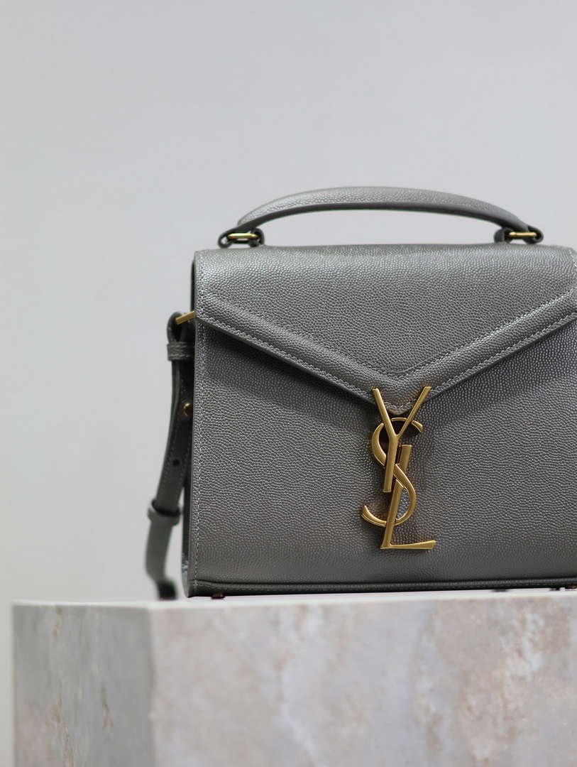 YSL 623930 Cassandra Mini Top Handle Bag In Grain De Poudre Embossed Leather Gray