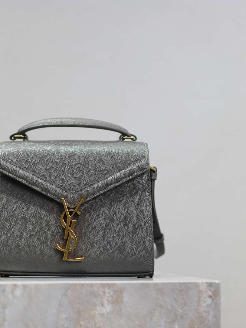 YSL 623930 Cassandra Mini Top Handle Bag In Grain De Poudre Embossed Leather Gray - Default Title - View 4