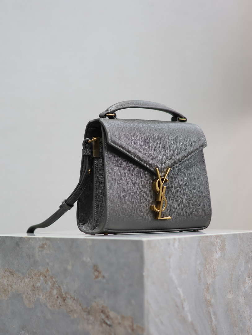 YSL 623930 Cassandra Mini Top Handle Bag In Grain De Poudre Embossed Leather Gray - Default Title - View 5