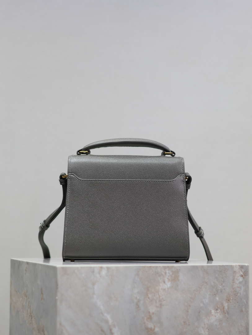YSL 623930 Cassandra Mini Top Handle Bag In Grain De Poudre Embossed Leather Gray