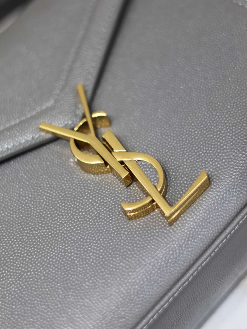 YSL 623930 Cassandra Mini Top Handle Bag In Grain De Poudre Embossed Leather Gray