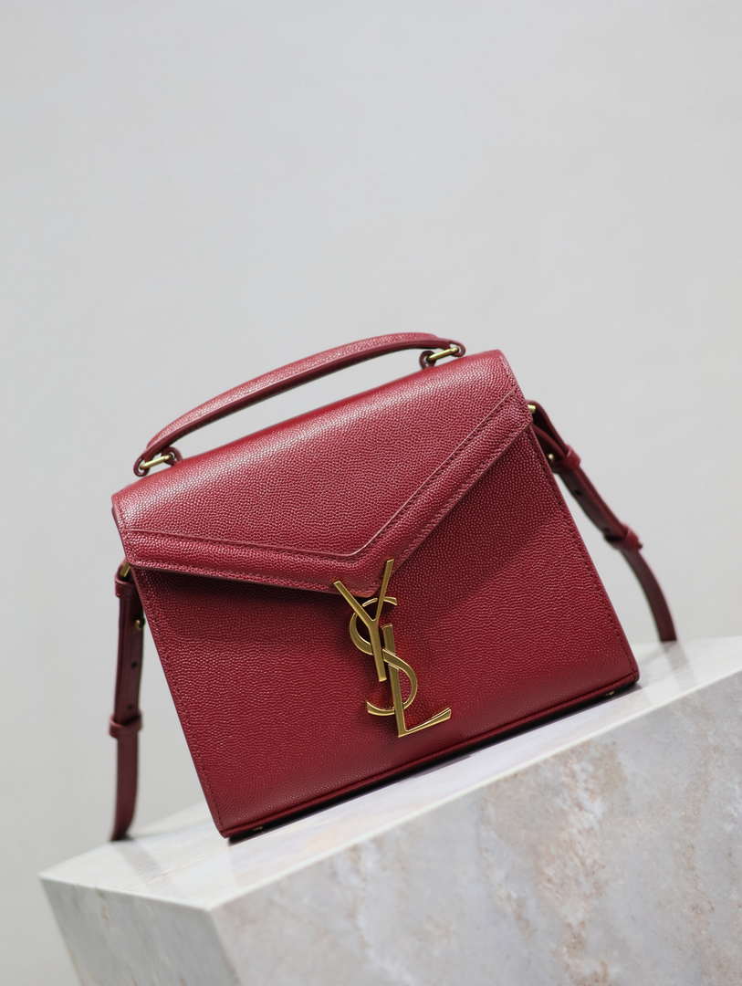 YSL 623930 Cassandra Mini Top Handle Bag In Grain De Poudre Embossed Leather Wine Red