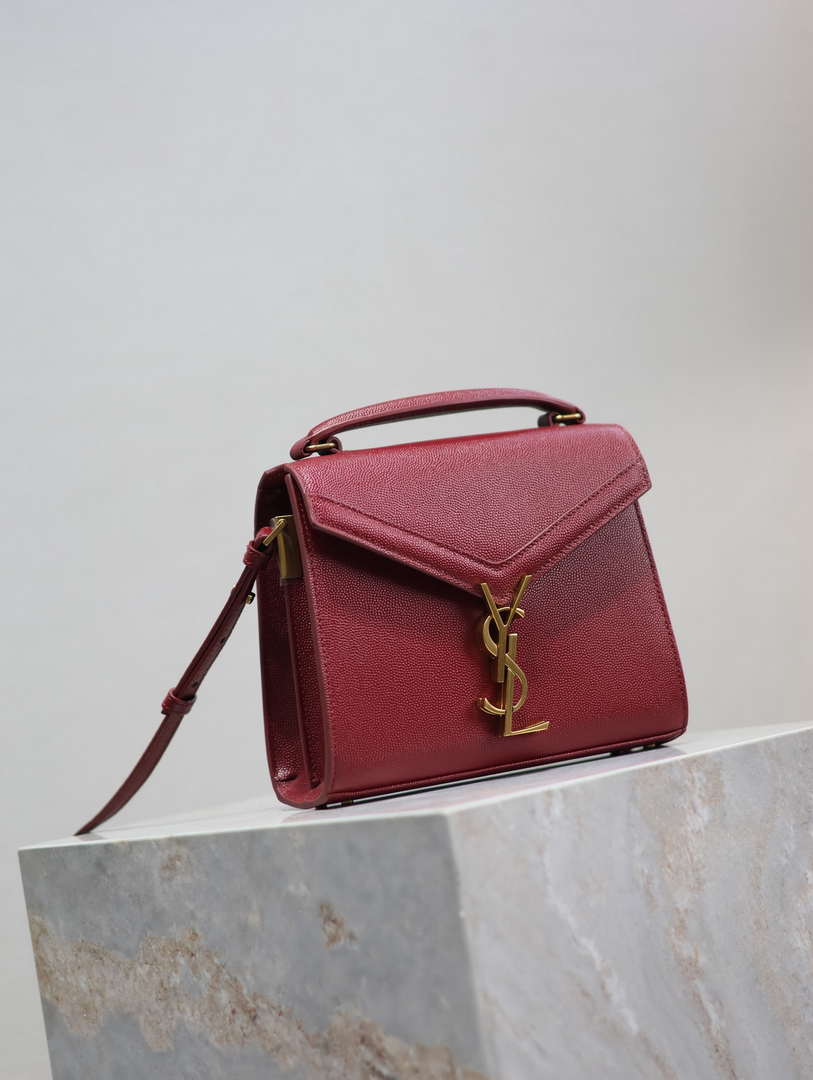YSL 623930 Cassandra Mini Top Handle Bag In Grain De Poudre Embossed Leather Wine Red