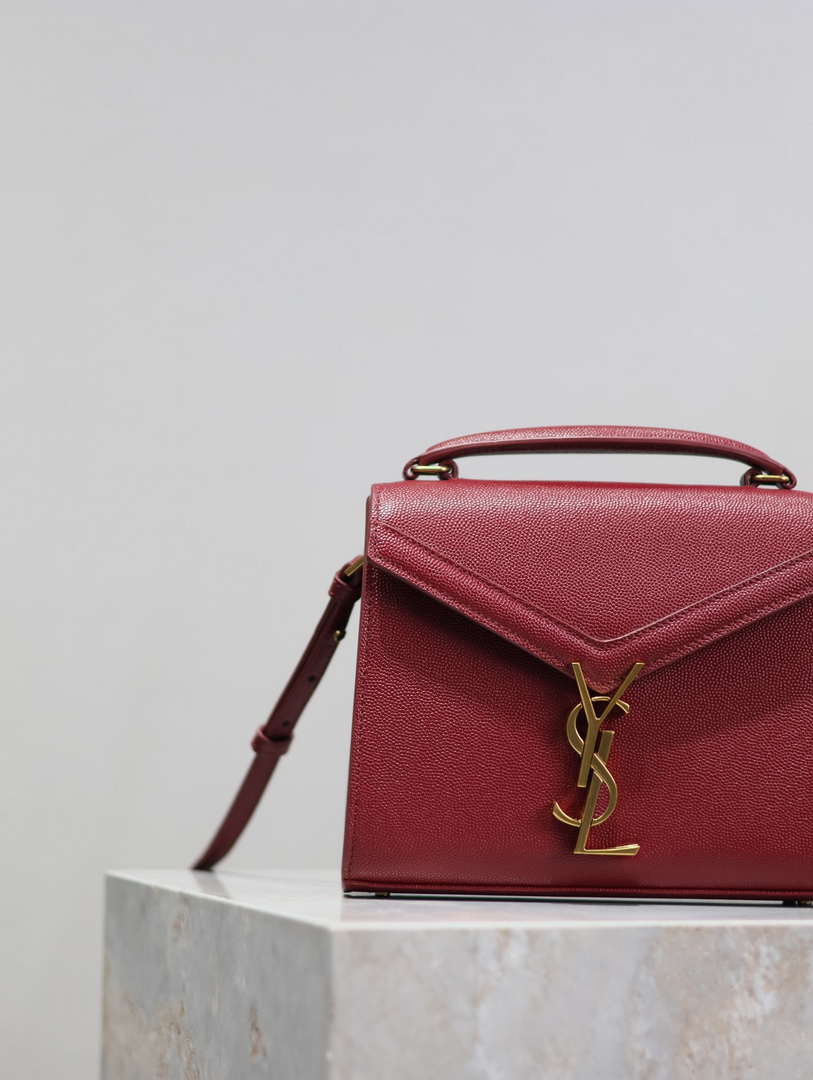 YSL 623930 Cassandra Mini Top Handle Bag In Grain De Poudre Embossed Leather Wine Red