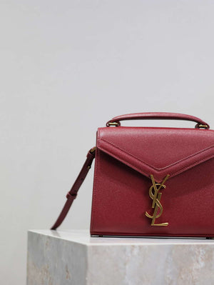 YSL 623930 Cassandra Mini Top Handle Bag In Grain De Poudre Embossed Leather Wine Red - Default Title - View 4