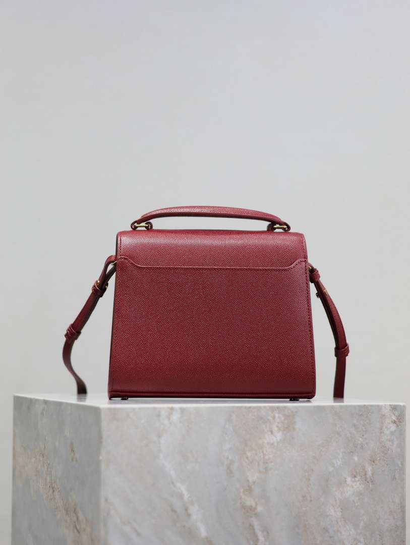 YSL 623930 Cassandra Mini Top Handle Bag In Grain De Poudre Embossed Leather Wine Red