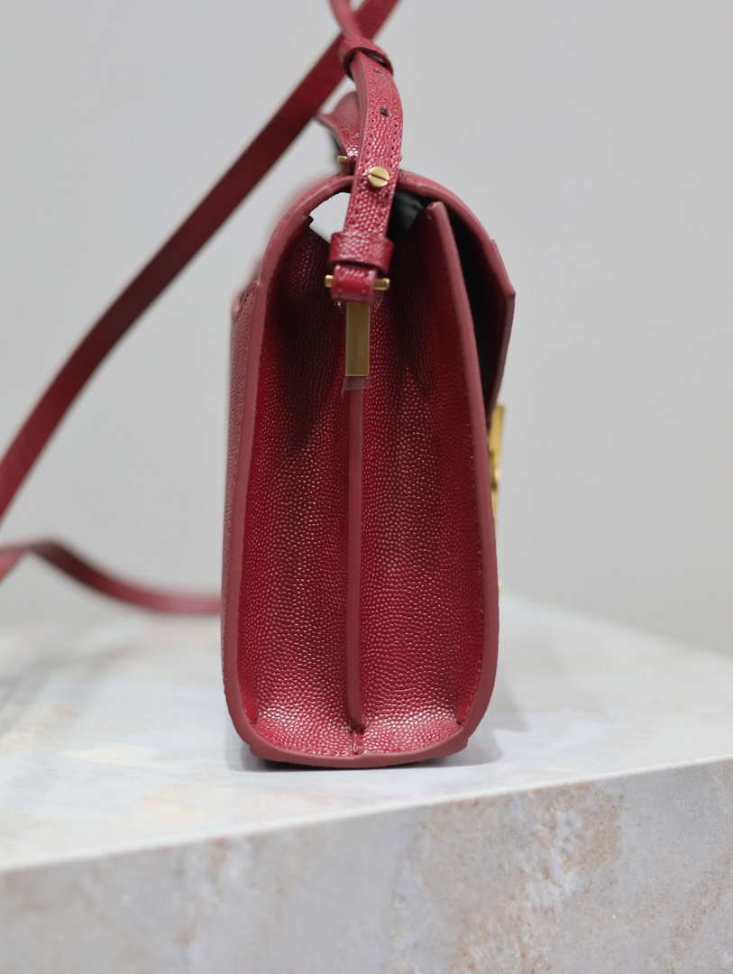 YSL 623930 Cassandra Mini Top Handle Bag In Grain De Poudre Embossed Leather Wine Red
