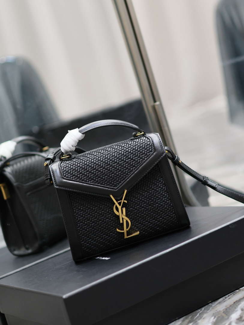 YSL 623930 Cassandra Mini Top Handle In Box Saint Laurent Braided with top-grain cowhide Black