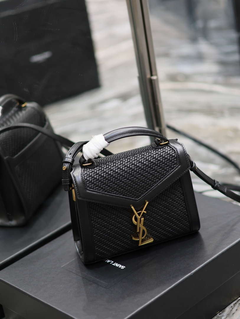 YSL 623930 Cassandra Mini Top Handle In Box Saint Laurent Braided with top-grain cowhide Black