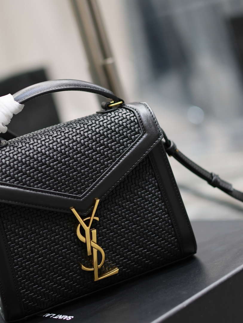 YSL 623930 Cassandra Mini Top Handle In Box Saint Laurent Braided with top-grain cowhide Black