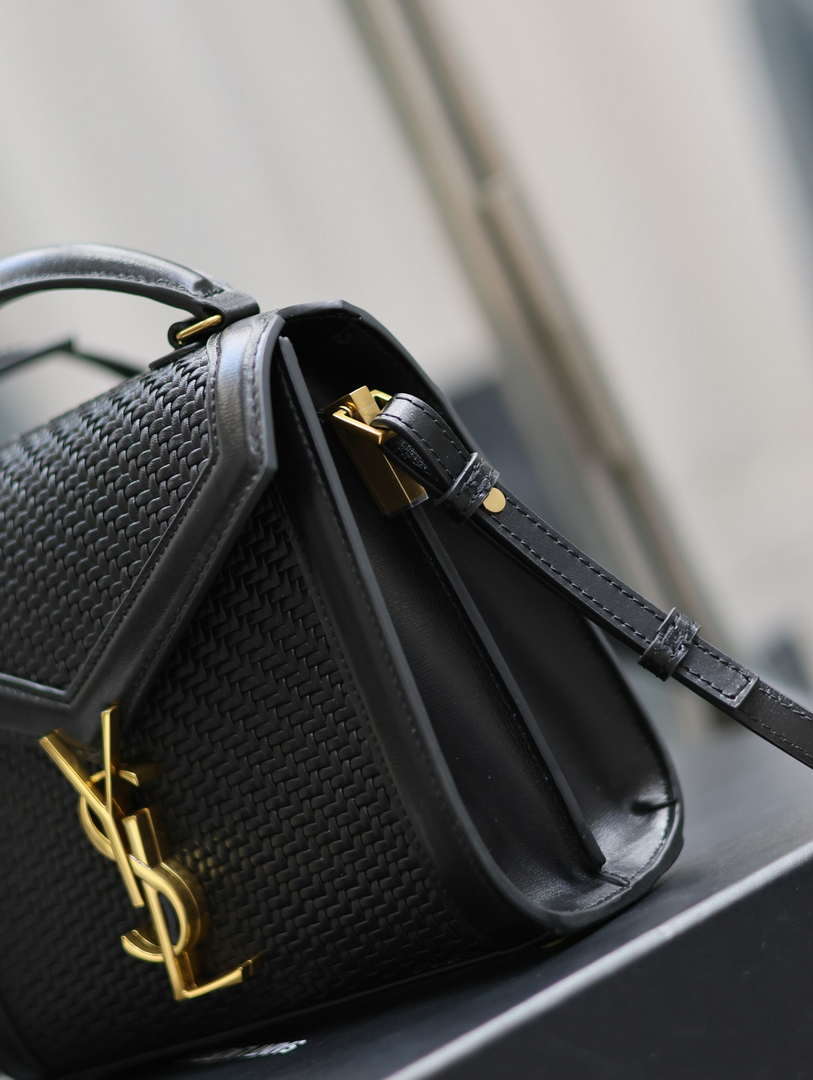 YSL 623930 Cassandra Mini Top Handle In Box Saint Laurent Braided with top-grain cowhide Black