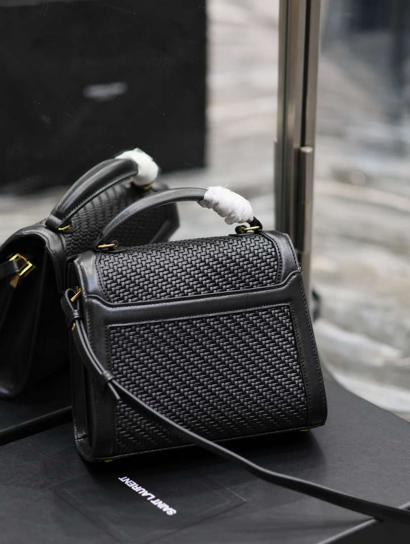 YSL 623930 Cassandra Mini Top Handle In Box Saint Laurent Braided with top-grain cowhide Black