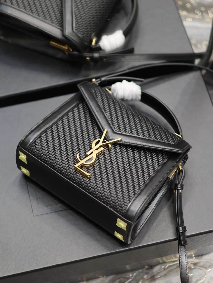 YSL 623930 Cassandra Mini Top Handle In Box Saint Laurent Braided with top-grain cowhide Black