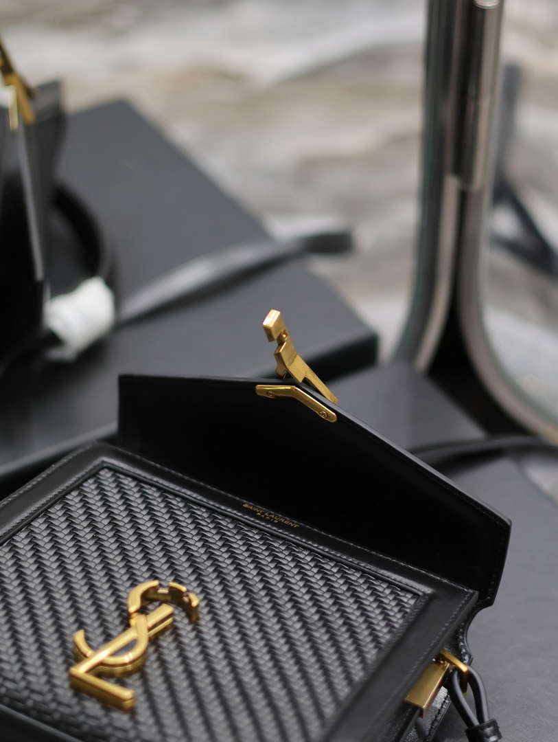 YSL 623930 Cassandra Mini Top Handle In Box Saint Laurent Braided with top-grain cowhide Black