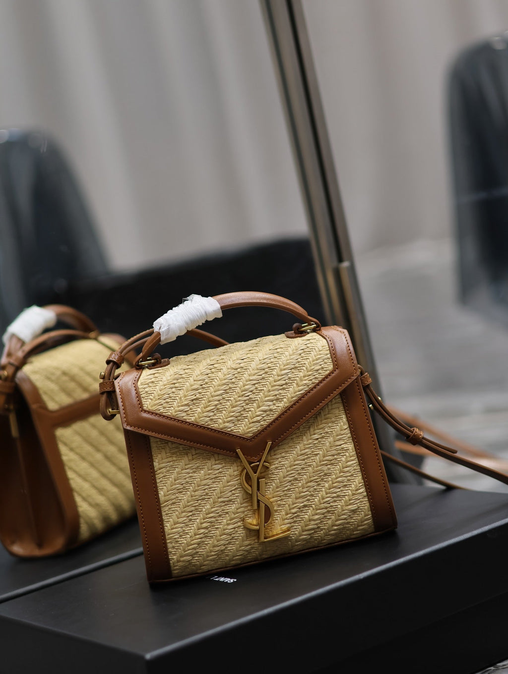 YSL 623930 Cassandra Mini Top Handle In Box Saint Laurent Braided with top-grain cowhide Brown