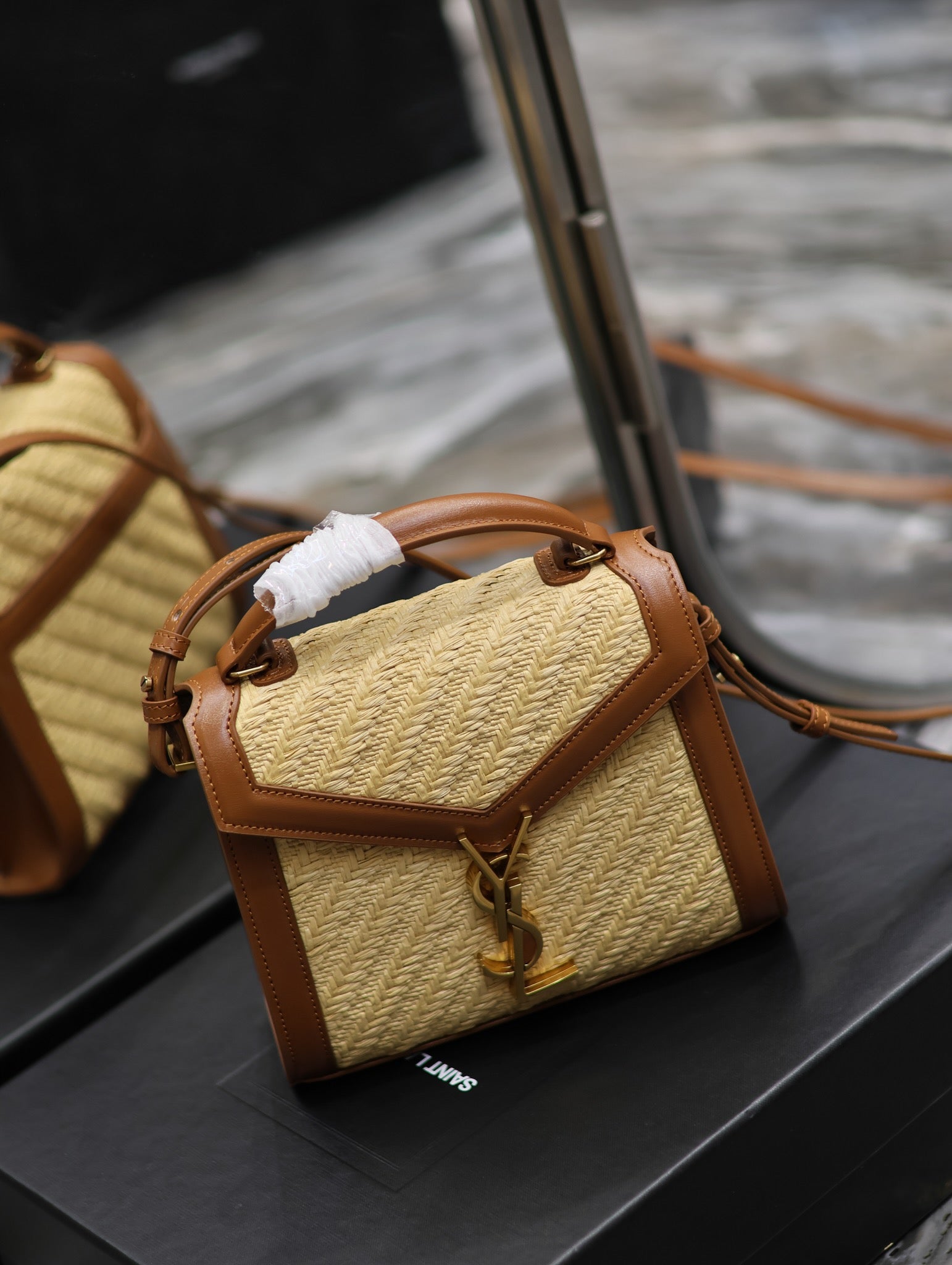 YSL 623930 Cassandra Mini Top Handle In Box Saint Laurent Braided with top-grain cowhide Brown