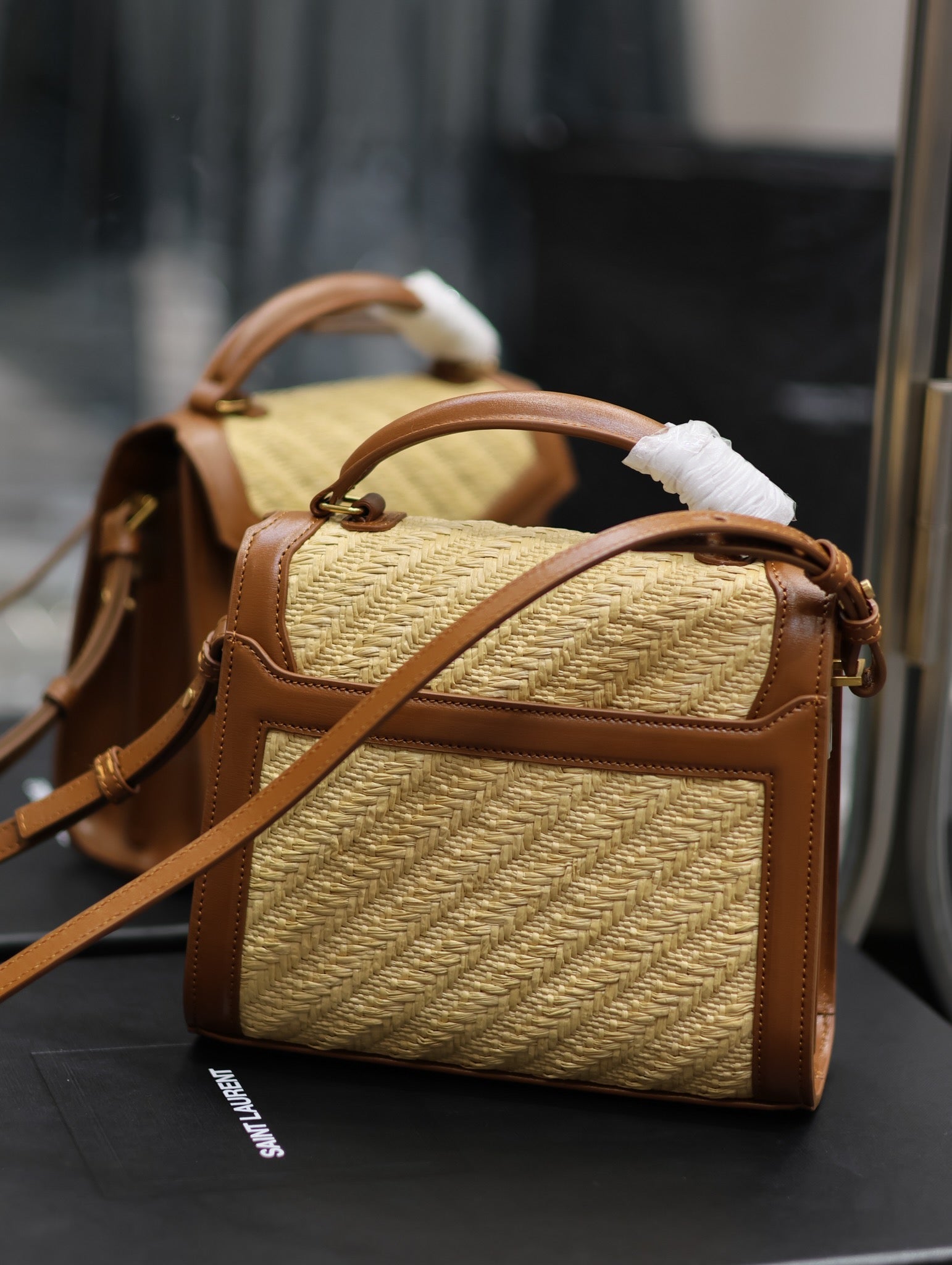 YSL 623930 Cassandra Mini Top Handle In Box Saint Laurent Braided with top-grain cowhide Brown