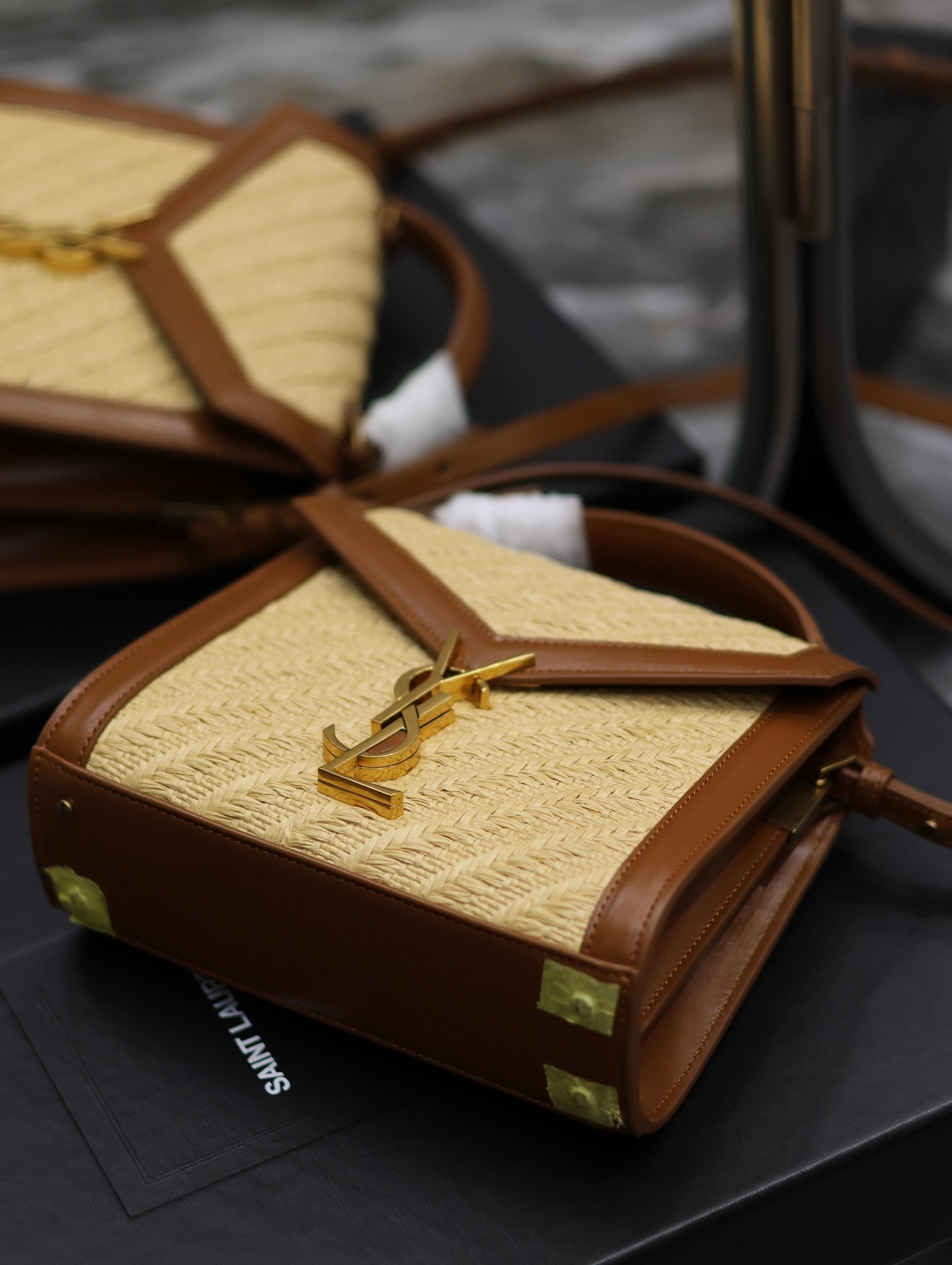 YSL 623930 Cassandra Mini Top Handle In Box Saint Laurent Braided with top-grain cowhide Brown