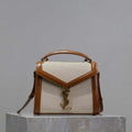 YSL 623930 Cassandra Mini Top Handle In Box Saint Laurent linen with Brown Leather - Default Title - View 1