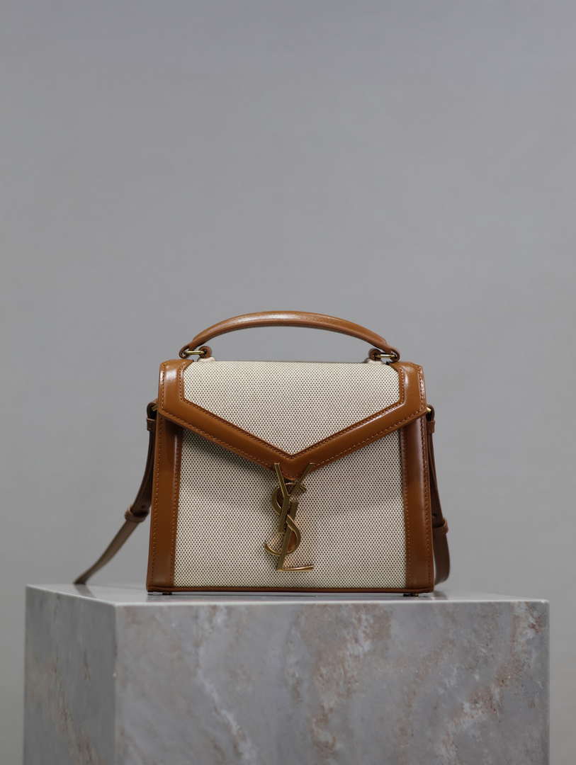 YSL 623930 Cassandra Mini Top Handle In Box Saint Laurent linen with Brown Leather - Default Title - View 1