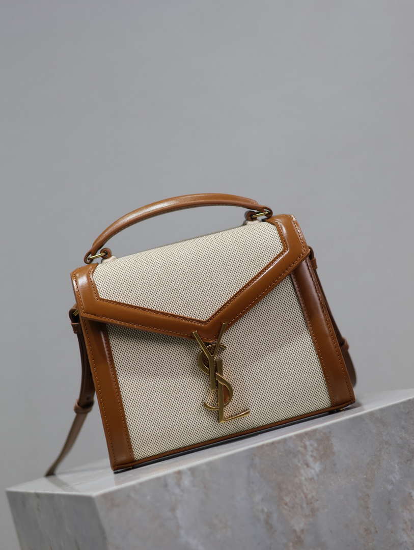 YSL 623930 Cassandra Mini Top Handle In Box Saint Laurent linen with Brown Leather