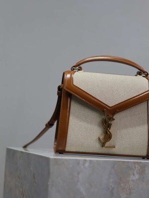 YSL 623930 Cassandra Mini Top Handle In Box Saint Laurent linen with Brown Leather - Default Title - View 3