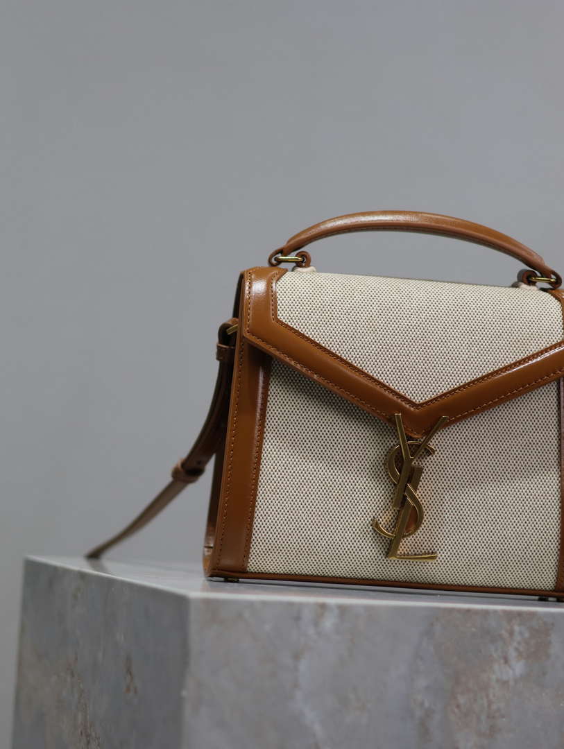 YSL 623930 Cassandra Mini Top Handle In Box Saint Laurent linen with Brown Leather