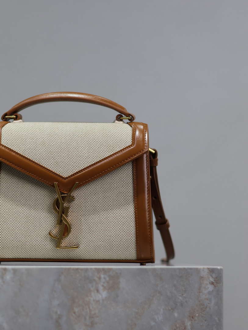 YSL 623930 Cassandra Mini Top Handle In Box Saint Laurent linen with Brown Leather