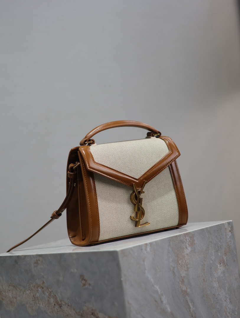 YSL 623930 Cassandra Mini Top Handle In Box Saint Laurent linen with Brown Leather