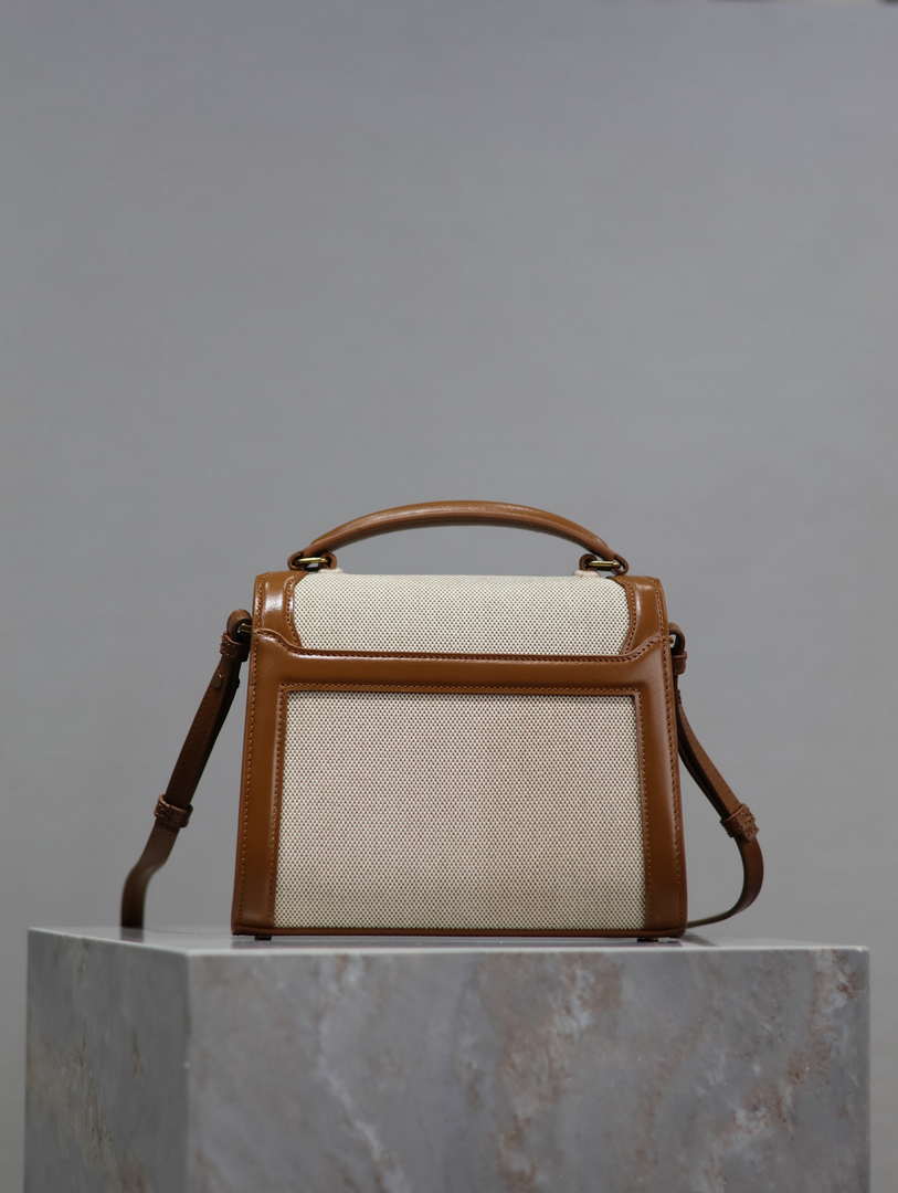 YSL 623930 Cassandra Mini Top Handle In Box Saint Laurent linen with Brown Leather