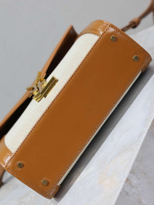 YSL 623930 Cassandra Mini Top Handle In Box Saint Laurent linen with Brown Leather - Default Title - View 7