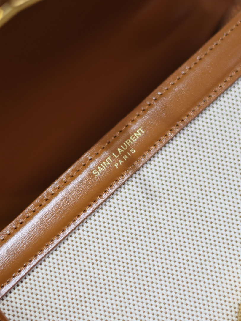 YSL 623930 Cassandra Mini Top Handle In Box Saint Laurent linen with Brown Leather