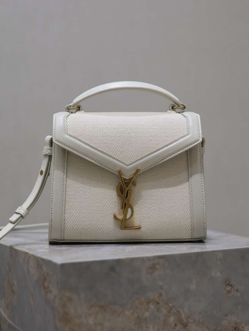 YSL 623930 Cassandra Mini Top Handle In Box Saint Laurent linen with White Leather