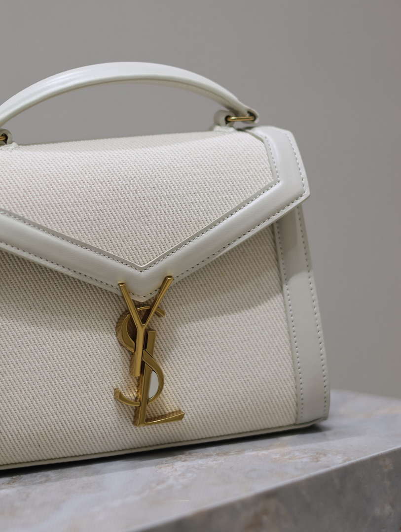 YSL 623930 Cassandra Mini Top Handle In Box Saint Laurent linen with White Leather