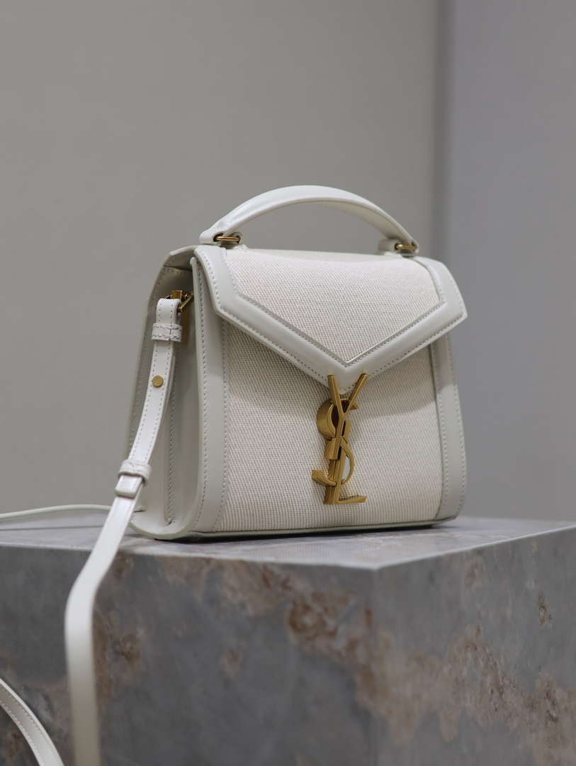YSL 623930 Cassandra Mini Top Handle In Box Saint Laurent linen with White Leather