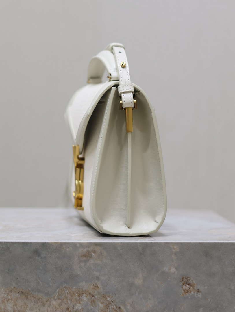 YSL 623930 Cassandra Mini Top Handle In Box Saint Laurent linen with White Leather