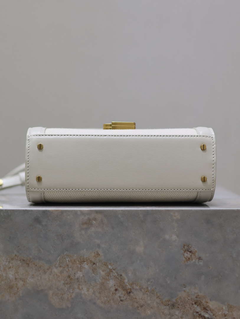 YSL 623930 Cassandra Mini Top Handle In Box Saint Laurent linen with White Leather