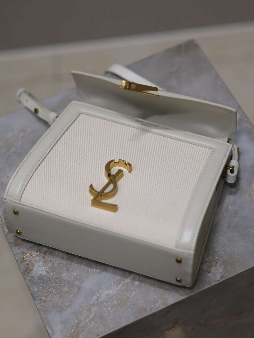 YSL 623930 Cassandra Mini Top Handle In Box Saint Laurent linen with White Leather