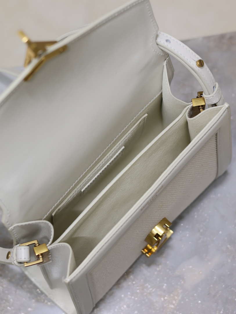 YSL 623930 Cassandra Mini Top Handle In Box Saint Laurent linen with White Leather