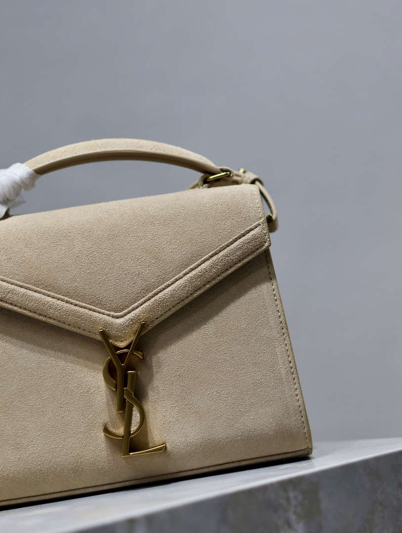YSL 623930 Cassandra Mini Top Handle In Box Saint Laurent Suede Beige