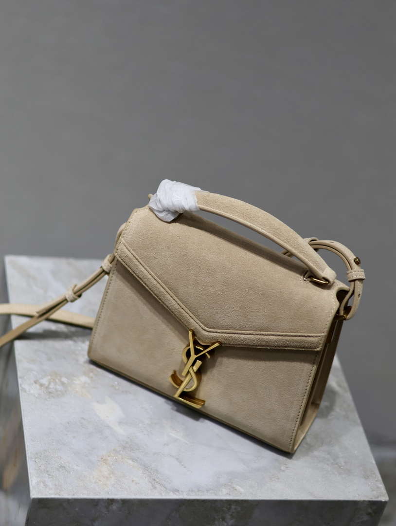 YSL 623930 Cassandra Mini Top Handle In Box Saint Laurent Suede Beige