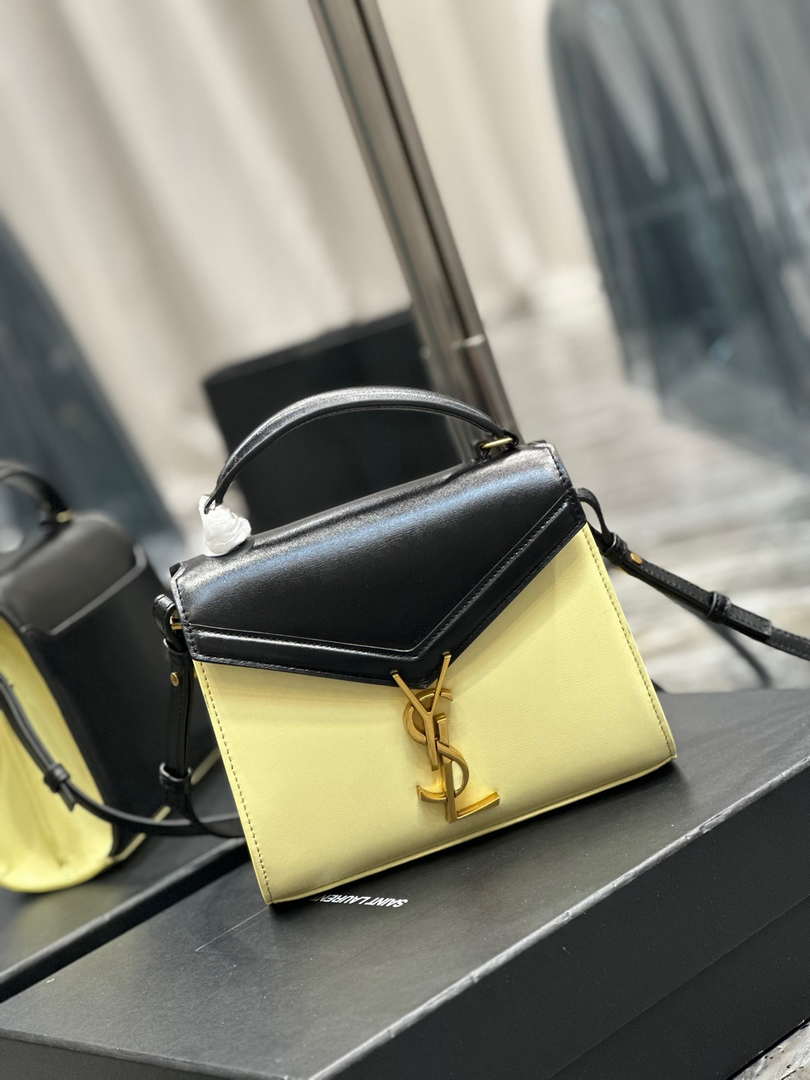 YSL 623930 Cassandra Mini Top Handle In Box Saint Laurent Black & Yellow