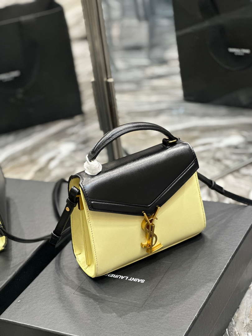 YSL 623930 Cassandra Mini Top Handle In Box Saint Laurent Black & Yellow